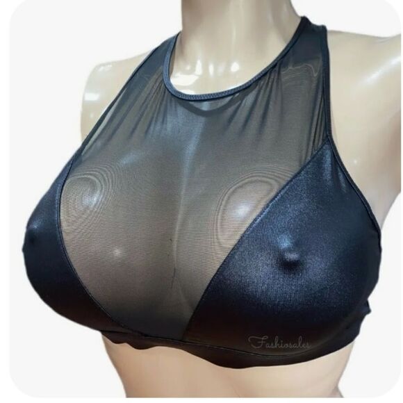 Victoria’s Secret Wet Look & Sexy Sheer Mesh shiny Unlined Sport bra Black Large - Picture 2 of 3